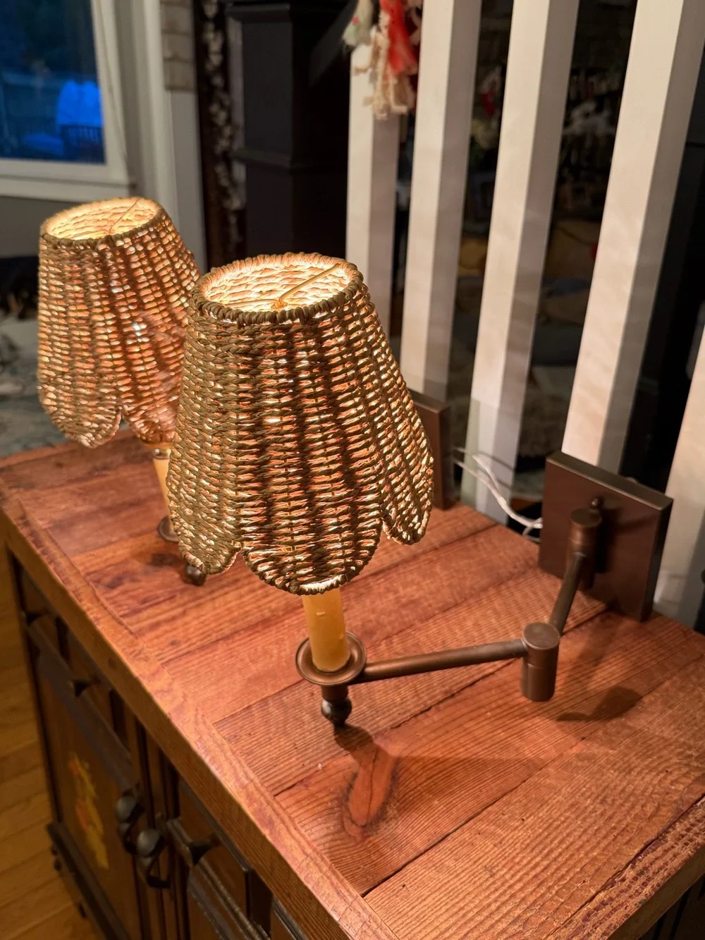 Pair of BOHO Wicker Shade Wall Sconces in Bronze-tone